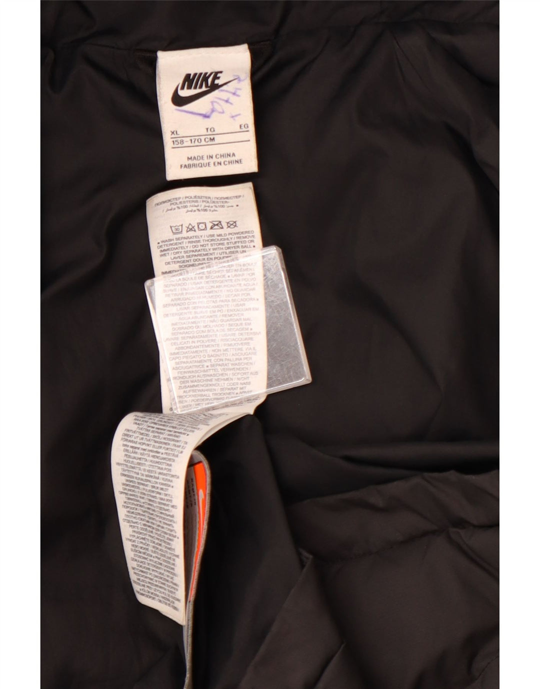 NIKE Boys Hooded Padded Jacket 13-14 Years XL Black Colourblock Polyester