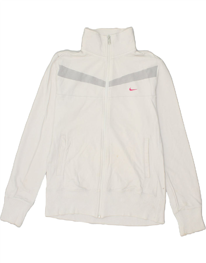 NIKE Womens Tracksuit Top Jacket UK 14 Large White Cotton | Vintage Nike | Thrift | Second-Hand Nike | Used Clothing | Messina Hembry 