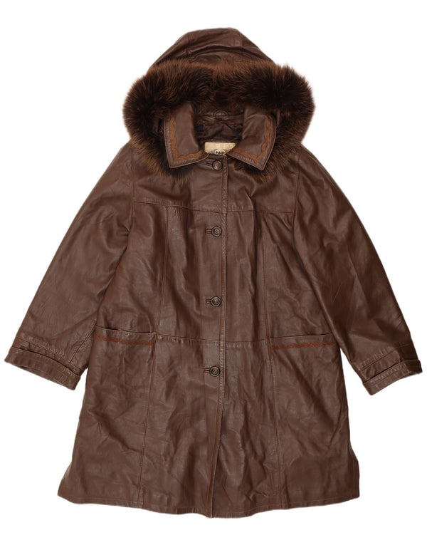 Vintage Womens Hooded Loose Fit Leather Coat IT 44 Medium Brown Leather