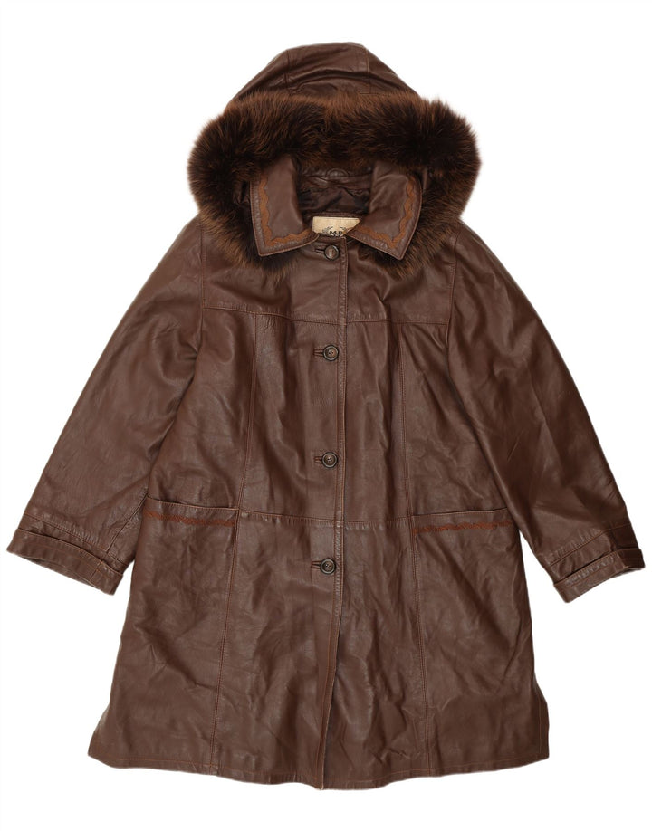Vintage Womens Hooded Loose Fit Leather Coat IT 44 Medium Brown Leather