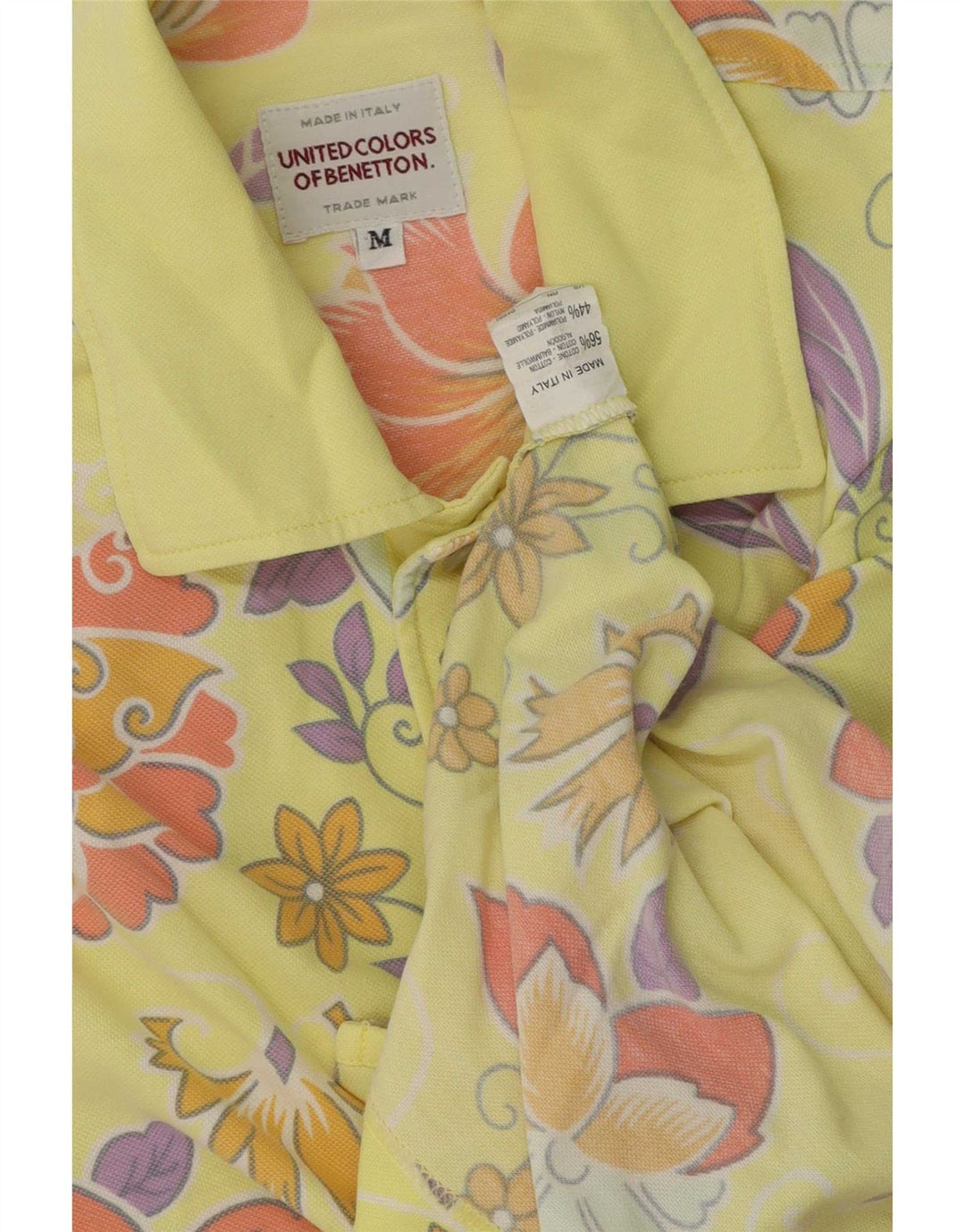 Benetton Mens Regular Fit Polo Shirt Medium Yellow Floral Cotton