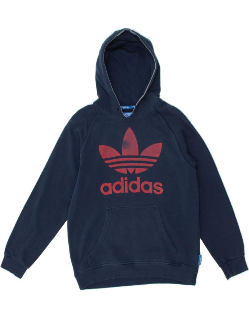 ADIDAS Womens Graphic Hoodie Jumper UK 14 Medium Navy Blue Cotton | Vintage Adidas | Thrift | Second-Hand Adidas | Used Clothing | Messina Hembry 