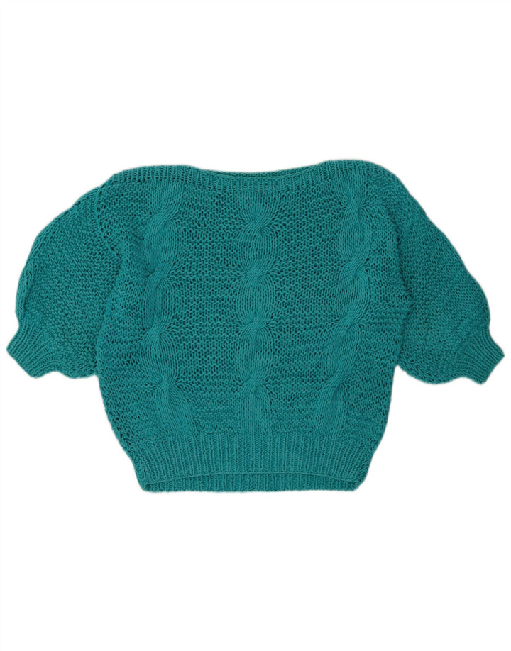 VINTAGE Womens Crop Boat Neck Jumper Sweater UK 14 Medium Turquoise
