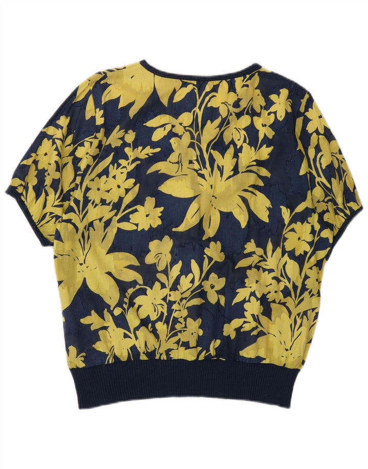 Vintage Womens Blouse Top IT 48 XL Navy Blue Floral Cotton