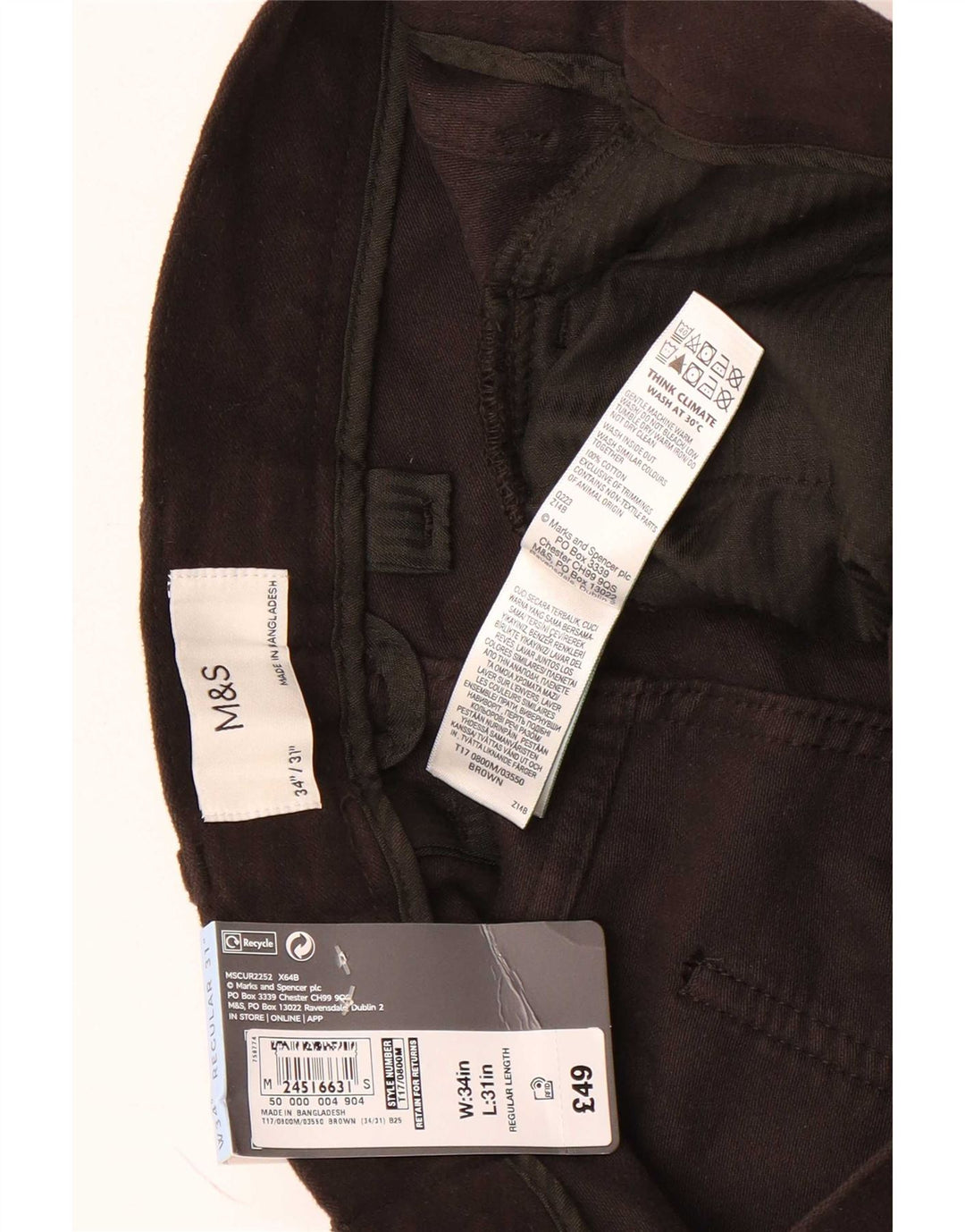 Marks & Spencer Mens Straight Regular Fit Casual Trousers W34 L31 Brown