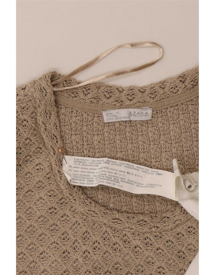 Zara Womens Crochet Blouse Top UK 12 Medium Beige Colourblock Polyester