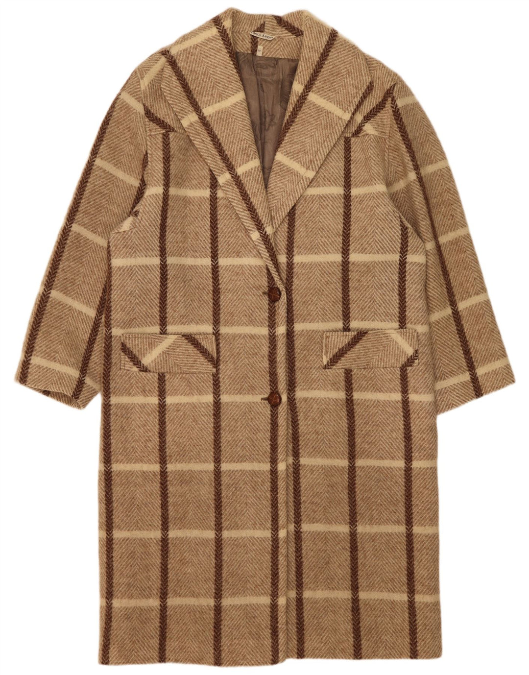 Vintage Womens Oversized Overcoat UK 14 Medium Beige Check Wool