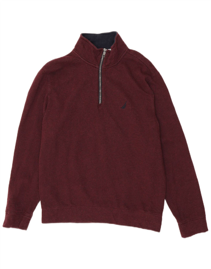 Nautica Mens Zip Neck Sweatshirt Jumper Medium Burgundy Cotton