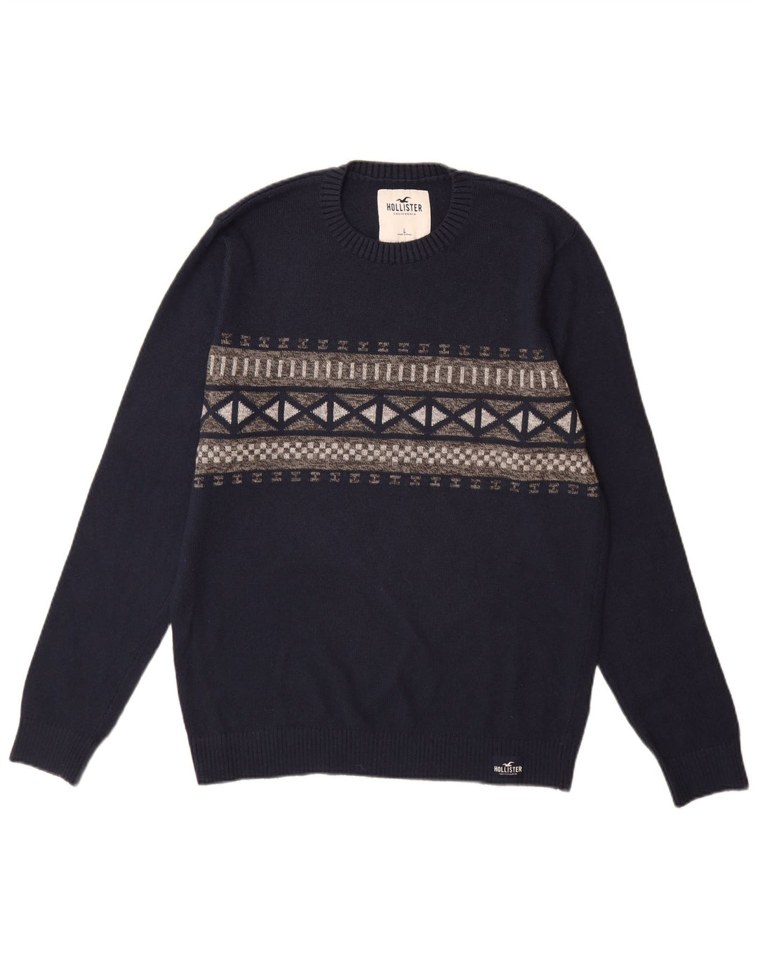 Hollister Mens Crew Neck Jumper Sweater Large Navy Blue Argyle/Diamond