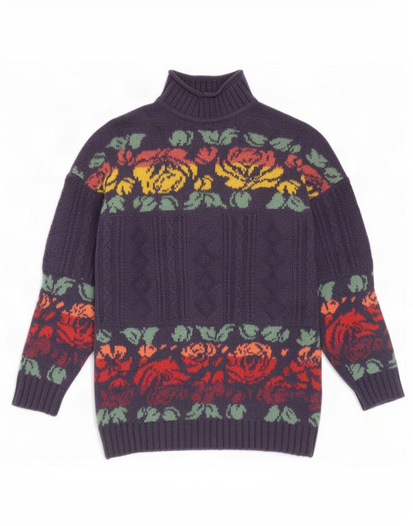 Vintage Womens Turtle Neck Jumper Sweater UK 16 Large Navy Blue Floral