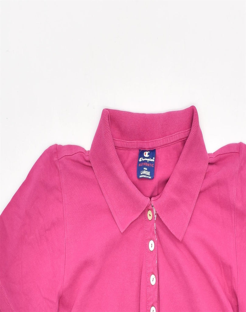 CHAMPION Womens Polo Shirt UK 14 Large Pink Cotton | Vintage | Thrift | Second-Hand | Used Clothing | Messina Hembry 