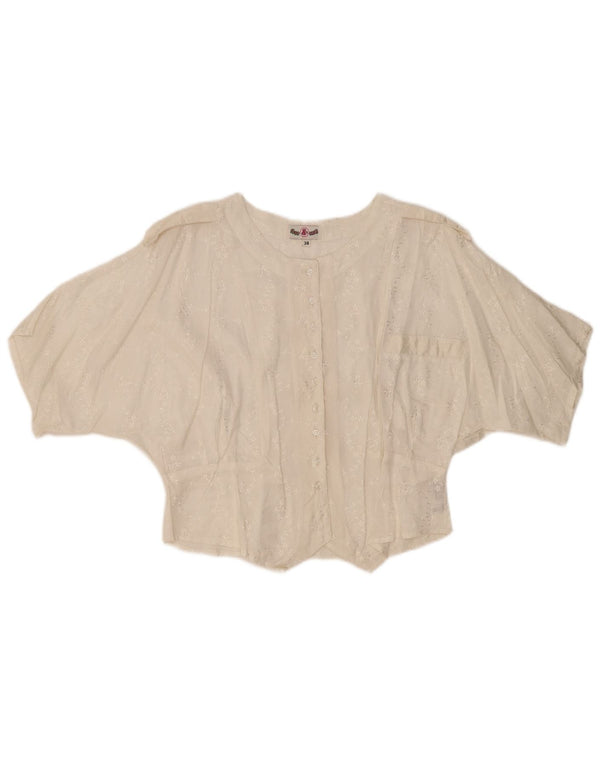 Vintage Womens Military Batwing Crop Shirt Blouse EU 38 Medium White Floral