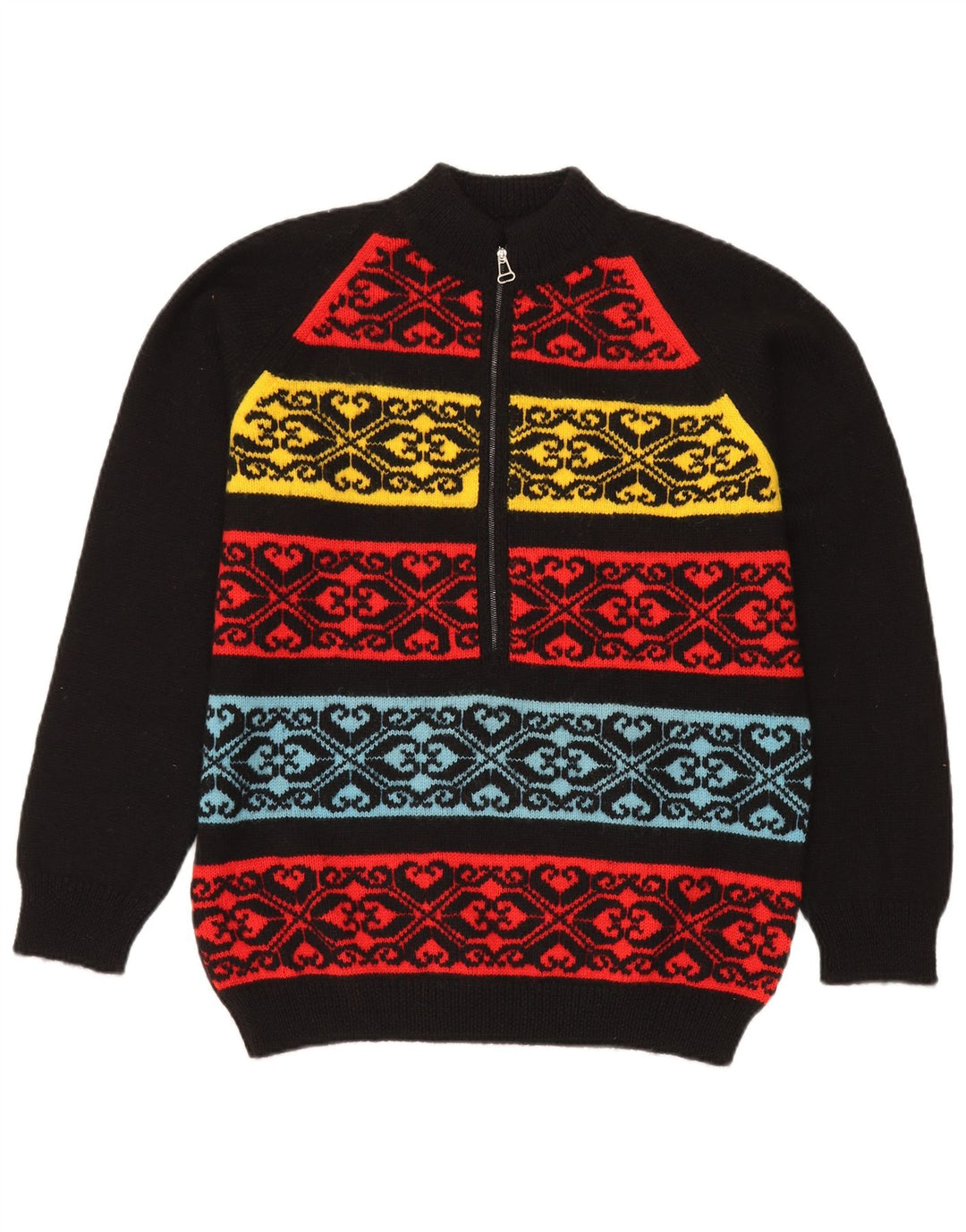 Vintage Mens Zip Neck Jumper Sweater Medium Black Fair Isle