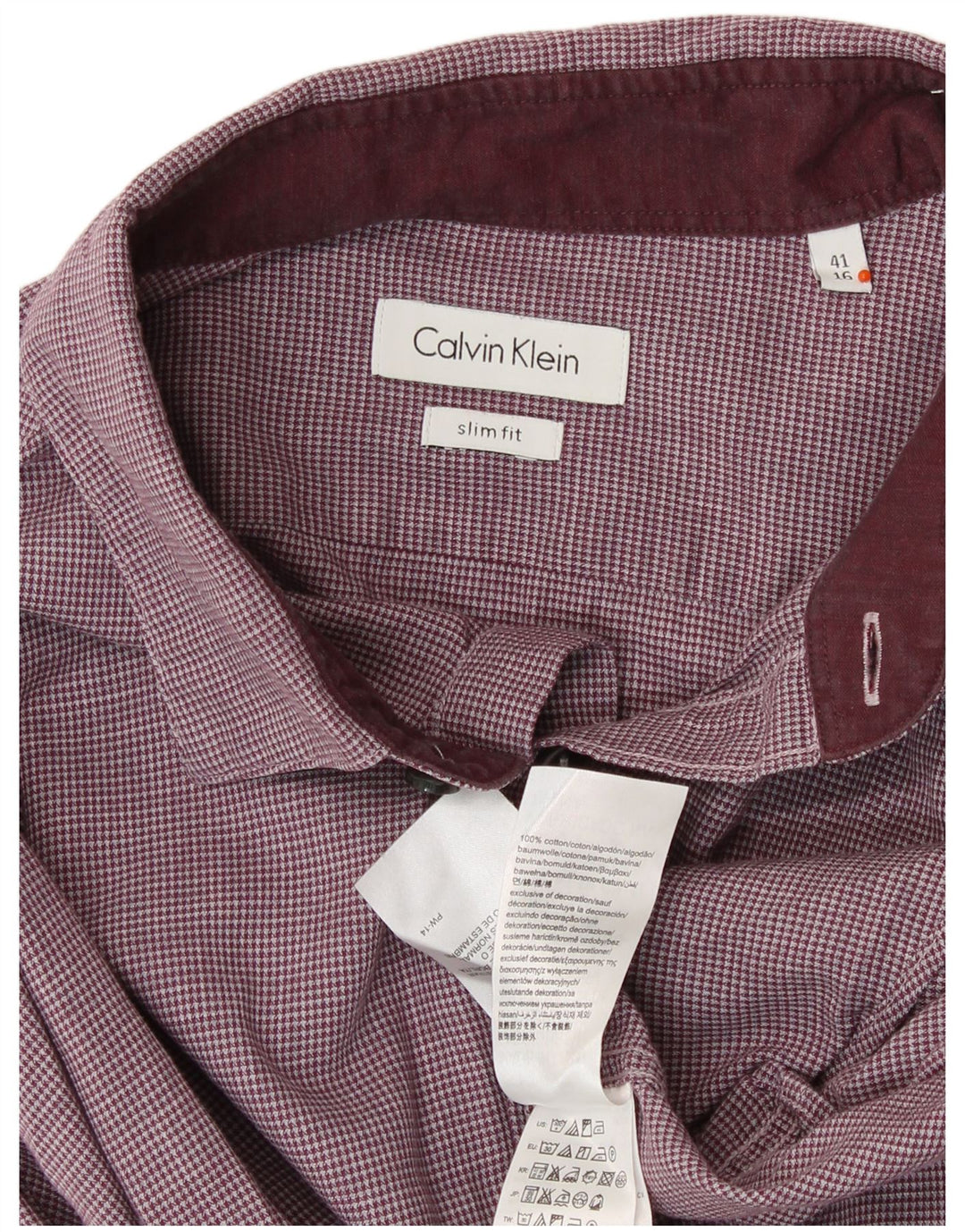 CALVIN KLEIN Mens Slim Fit Shirt Size 41 16 Large Maroon Houndstooth