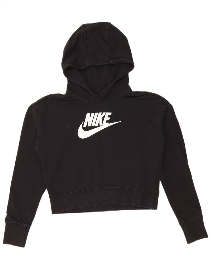 NIKE Girls Crop Graphic Hoodie Jumper 13-14 Years XL Black Cotton