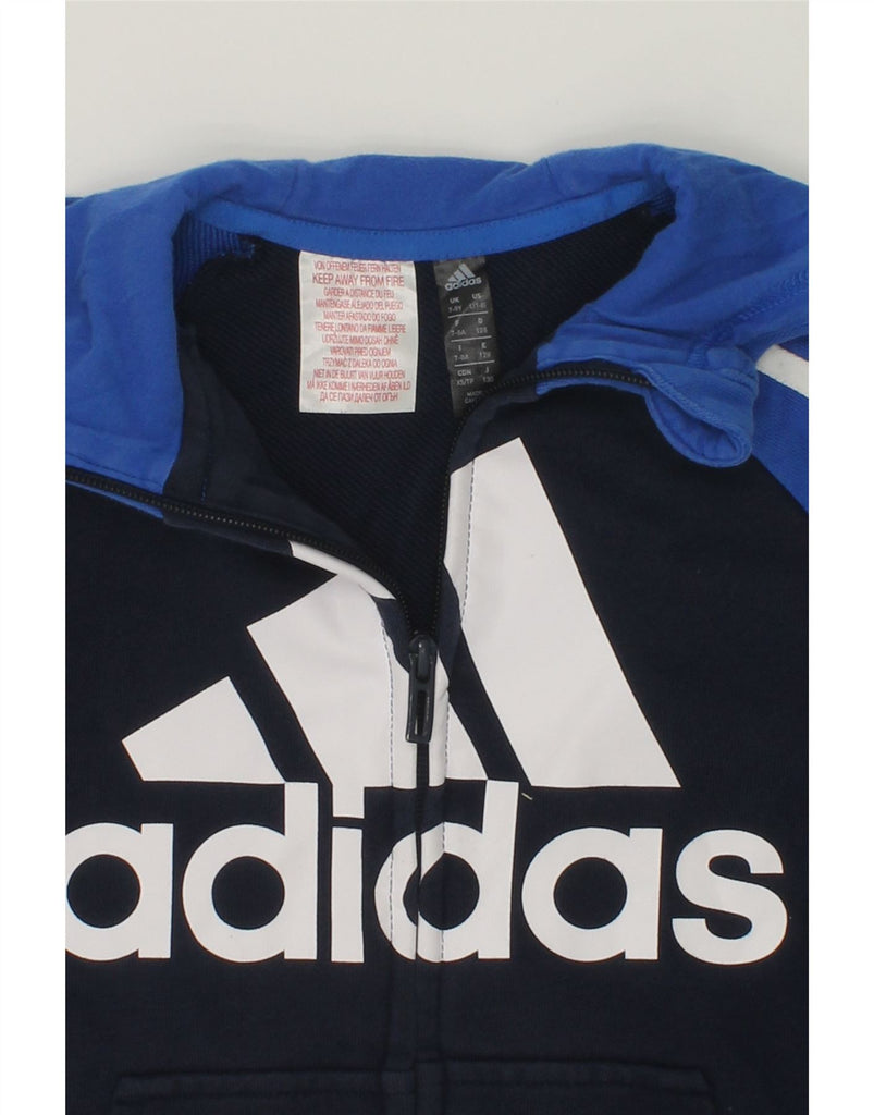 ADIDAS Boys Graphic Zip Hoodie Sweater 7-8 Years Navy Blue Colourblock | Vintage Adidas | Thrift | Second-Hand Adidas | Used Clothing | Messina Hembry 