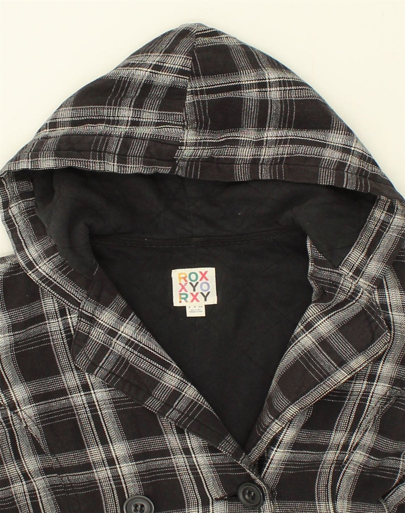 ROXY Womens Hooded Double Breasted Overcoat UK 8 Small Black Check Cotton | Vintage Roxy | Thrift | Second-Hand Roxy | Used Clothing | Messina Hembry 