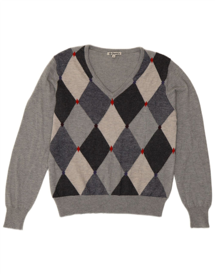 DACK'S Womens V-Neck Jumper Sweater UK 10 Small Grey Argyle/Diamond Wool