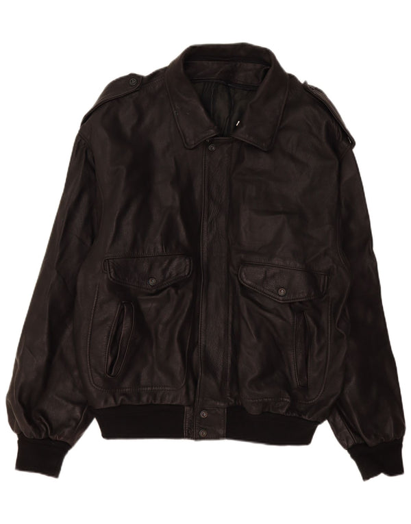 Marpel Mens Military Leather Jacket UK 40 Large Black Leather