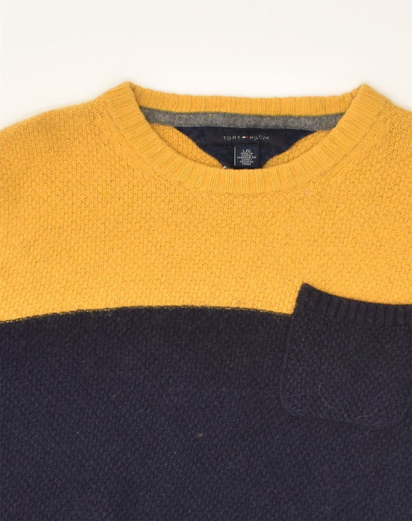 TOMMY HILFIGER Mens Crew Neck Jumper Sweater Large Navy Blue Colourblock | Vintage Tommy Hilfiger | Thrift | Second-Hand Tommy Hilfiger | Used Clothing | Messina Hembry 