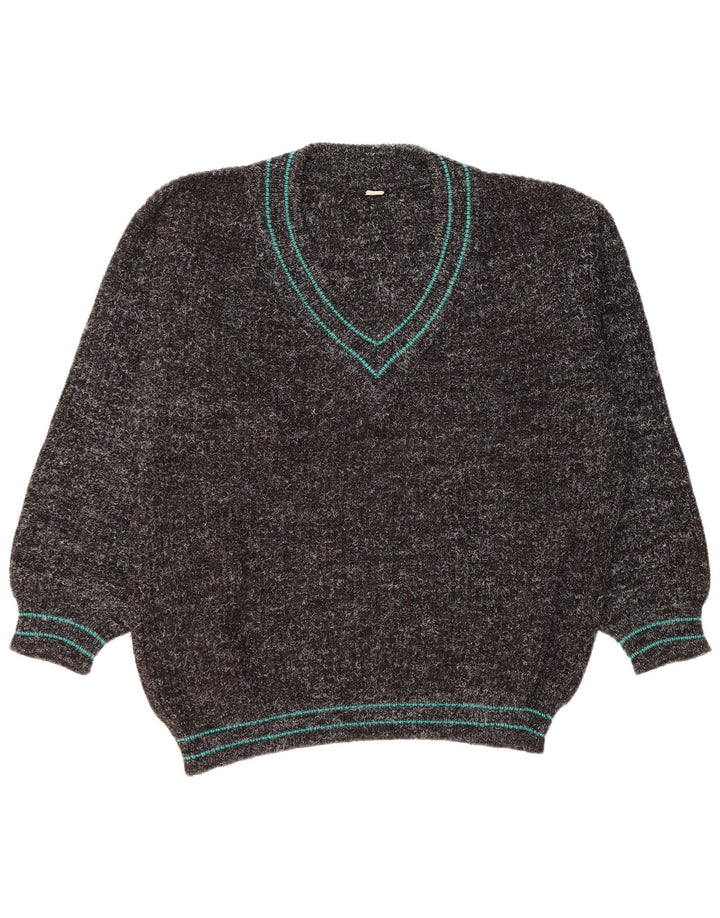 Vintage Mens V-Neck Jumper Sweater XL Black Acrylic