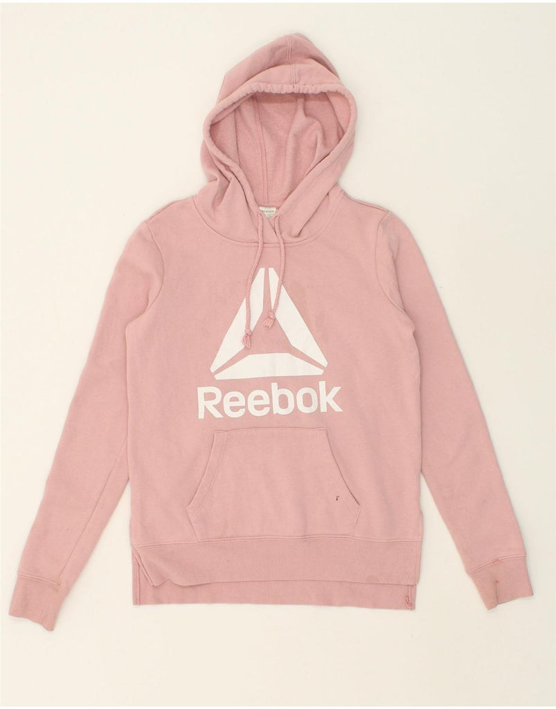 REEBOK Womens Graphic Hoodie Jumper UK 6 XS Pink Cotton | Vintage Reebok | Thrift | Second-Hand Reebok | Used Clothing | Messina Hembry 