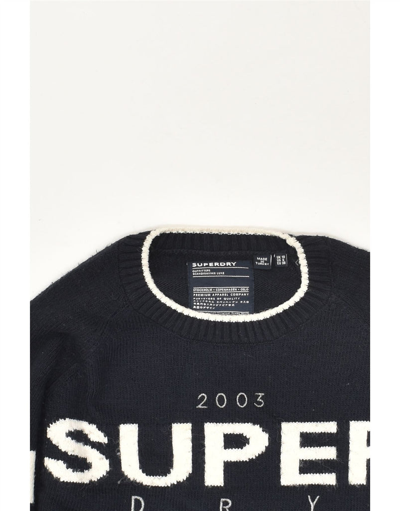 SUPERDRY Womens Graphic Crew Neck Jumper Sweater UK 10 Small Navy Blue | Vintage Superdry | Thrift | Second-Hand Superdry | Used Clothing | Messina Hembry 