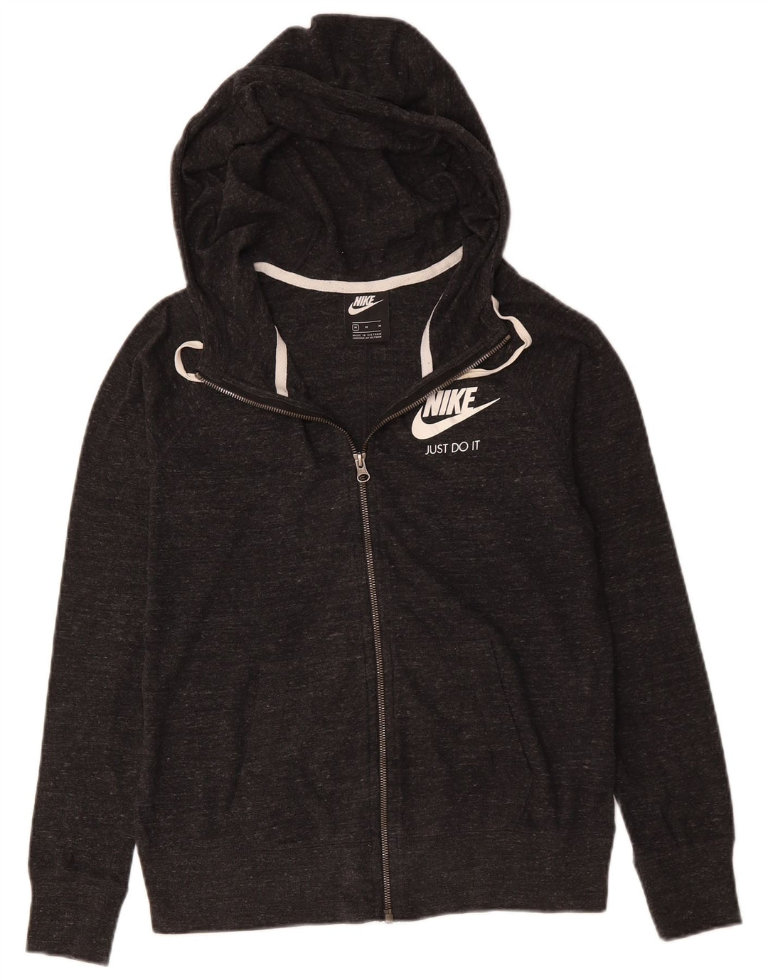 Nike Womens Zip Hoodie Sweater UK 14 Medium Grey Flecked Cotton