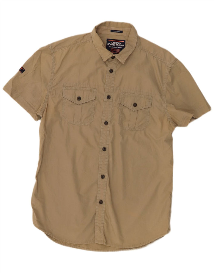 Superdry Mens Short Sleeve Regular Fit Shirt Large Beige Cotton