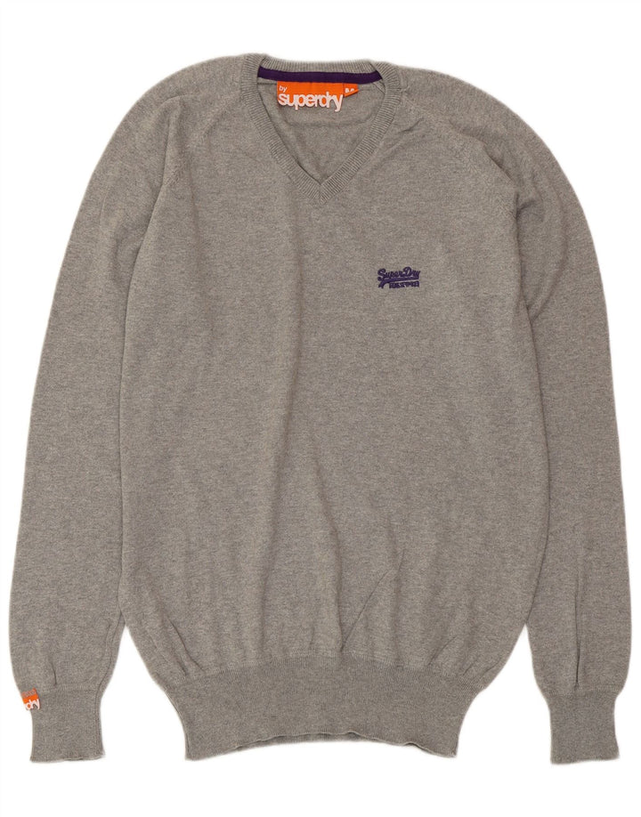 SUPERDRY Mens V-Neck Jumper Sweater Medium Grey Cotton