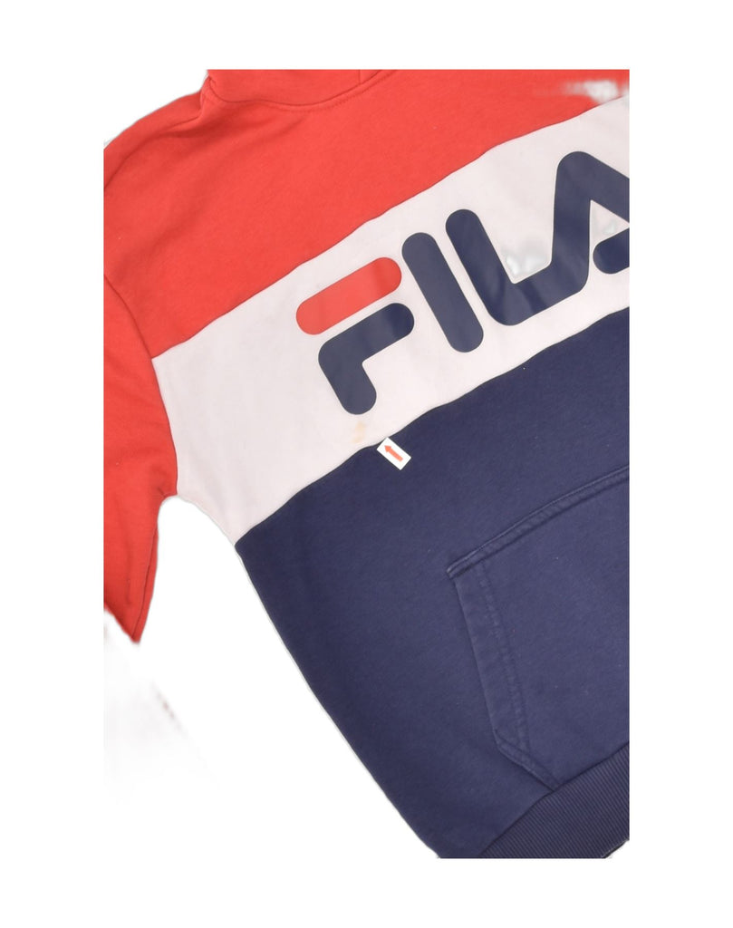 FILA Womens Graphic Hoodie Jumper UK 10 Small Navy Blue Colourblock Cotton | Vintage Fila | Thrift | Second-Hand Fila | Used Clothing | Messina Hembry 