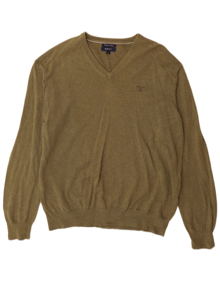 Gant Mens V-Neck Jumper Sweater XL Khaki Cotton