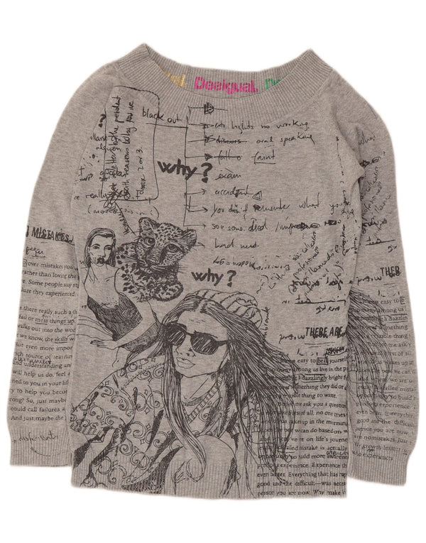 Desigual Womens Graphic Boat Neck Jumper Sweater UK 14 Large Grey Cotton