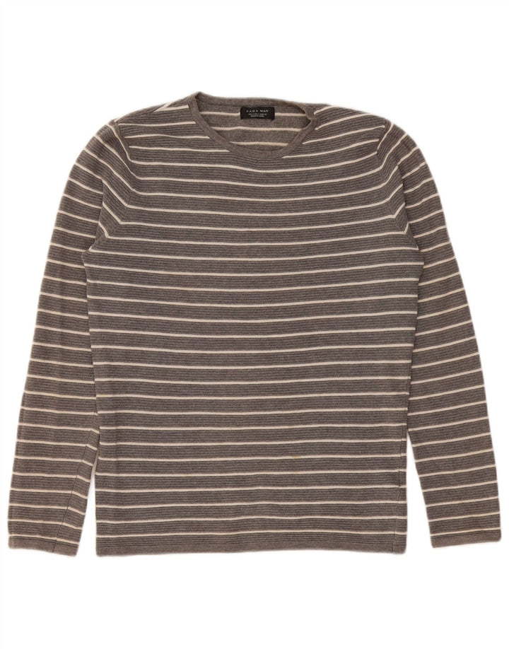 Zara Mens Top Long Sleeve Small Grey Striped Cotton