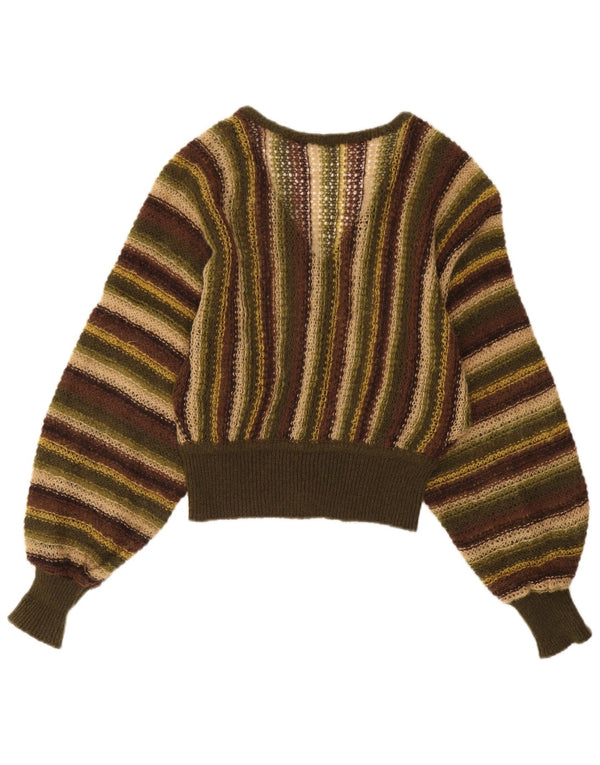 Vintage Womens See Through V-Neck Jumper Sweater UK 14 Large Khaki Striped