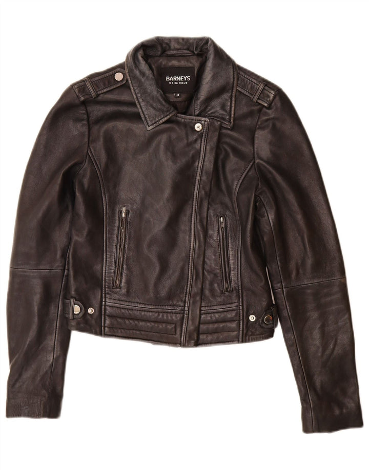 BARNEYS Womens Leather Biker Jacket UK 10 Small  Black Leather