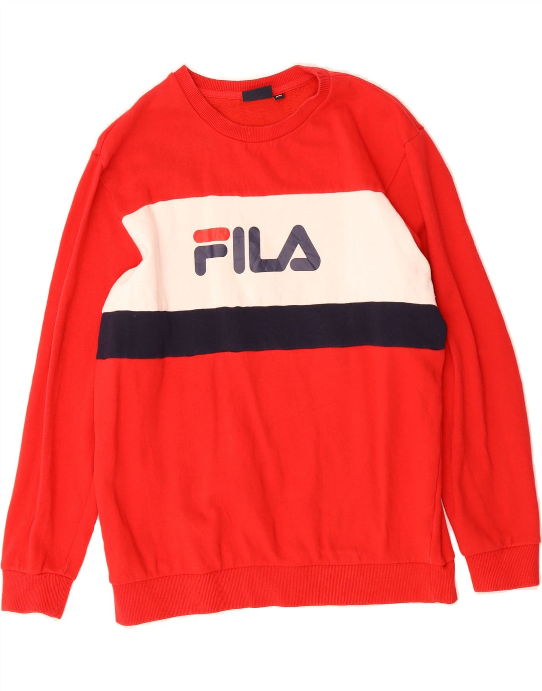 FILA Mens Graphic Sweatshirt Jumper Small Red Colourblock Polyester Vintage Fila and Second-Hand Fila from Messina Hembry 