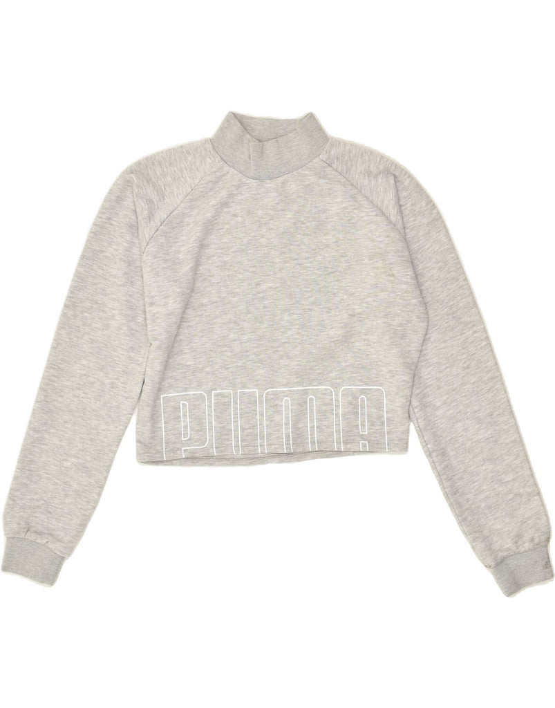 PUMA Womens Graphic Crop Sweatshirt Jumper UK 10 Small Grey Cotton | Vintage Puma | Thrift | Second-Hand Puma | Used Clothing | Messina Hembry 