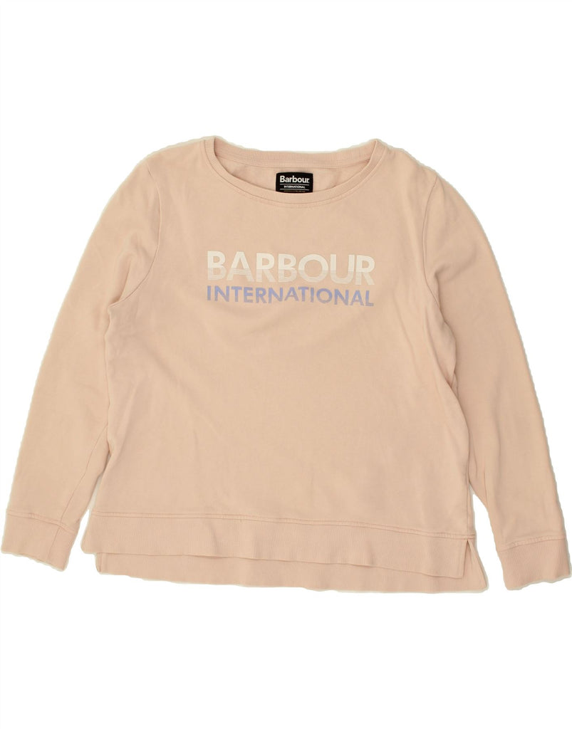 BARBOUR Womens Graphic Sweatshirt Jumper UK 12 Medium  Beige Cotton | Vintage Barbour | Thrift | Second-Hand Barbour | Used Clothing | Messina Hembry 