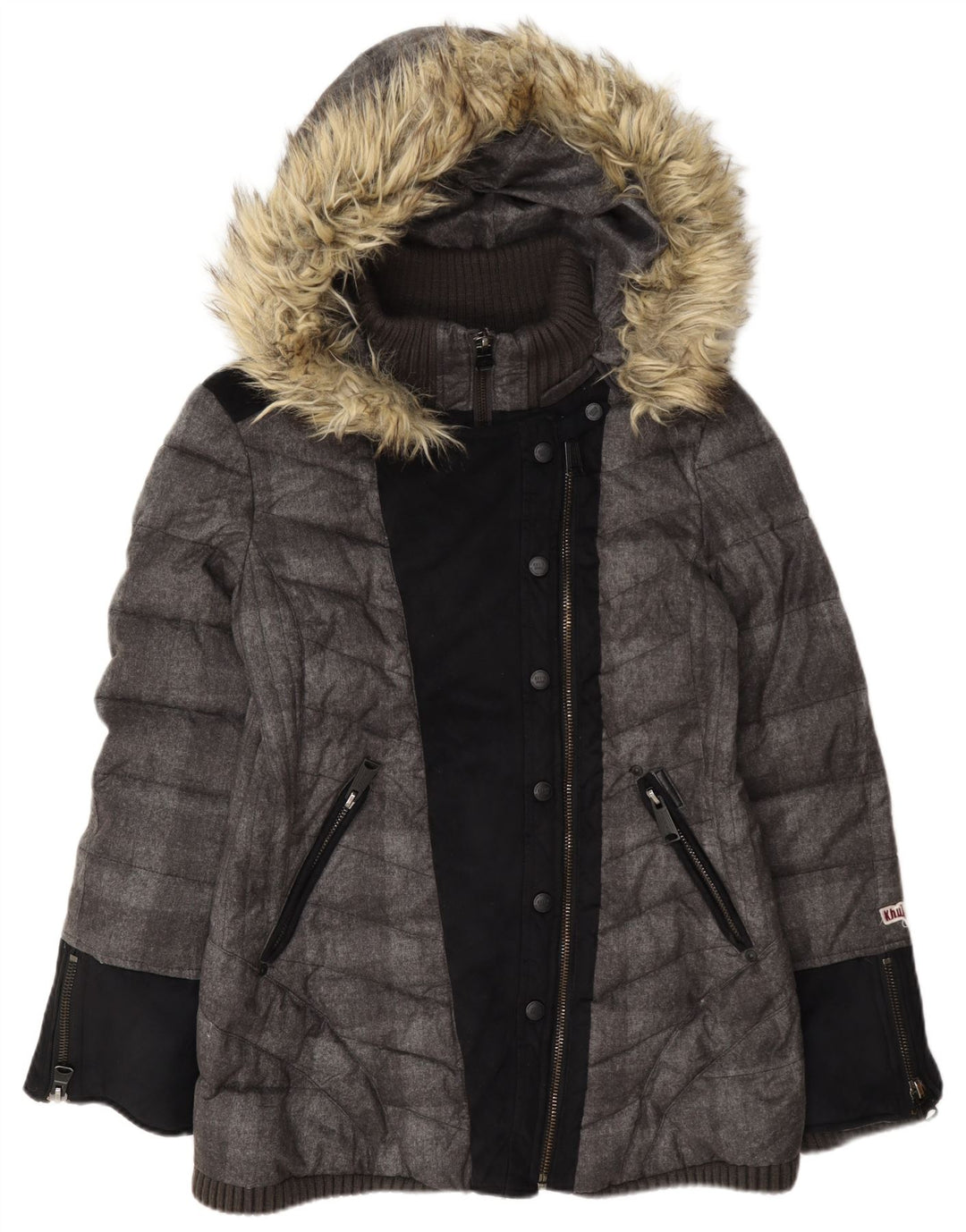KHUJO Womens Hooded Padded Jacket UK 18 XL Grey Colourblock Polyester