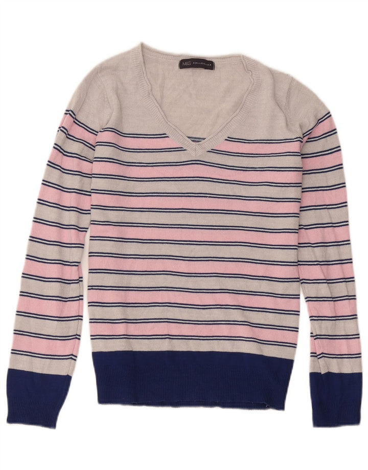 Marks & Spencer Womens V-Neck Jumper Sweater UK 8 Small Pink Striped