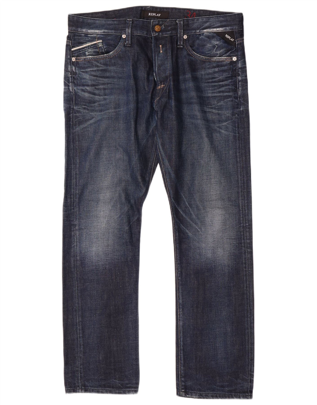 Replay Mens Distressed Straight Jeans W34 L31 Blue Cotton