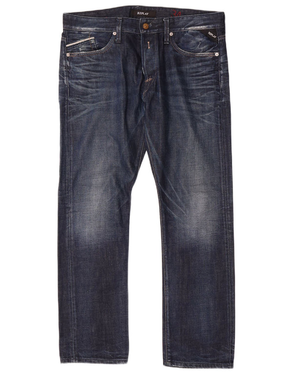 Replay Mens Distressed Straight Jeans W34 L31 Blue Cotton
