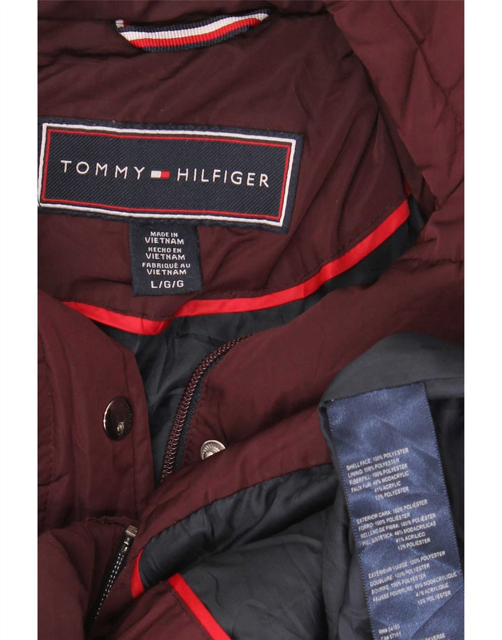 Tommy Hilfiger Womens Hooded Padded Jacket UK 16 Large Burgundy Polyester