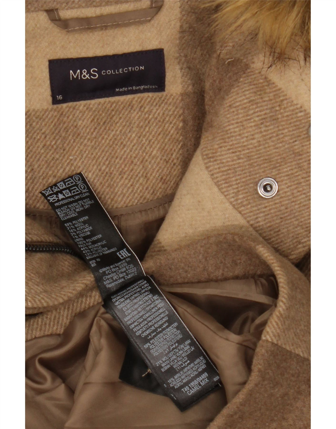 MARKS & SPENCER Womens Hooded Duffle Coat UK 16 Large Brown Check