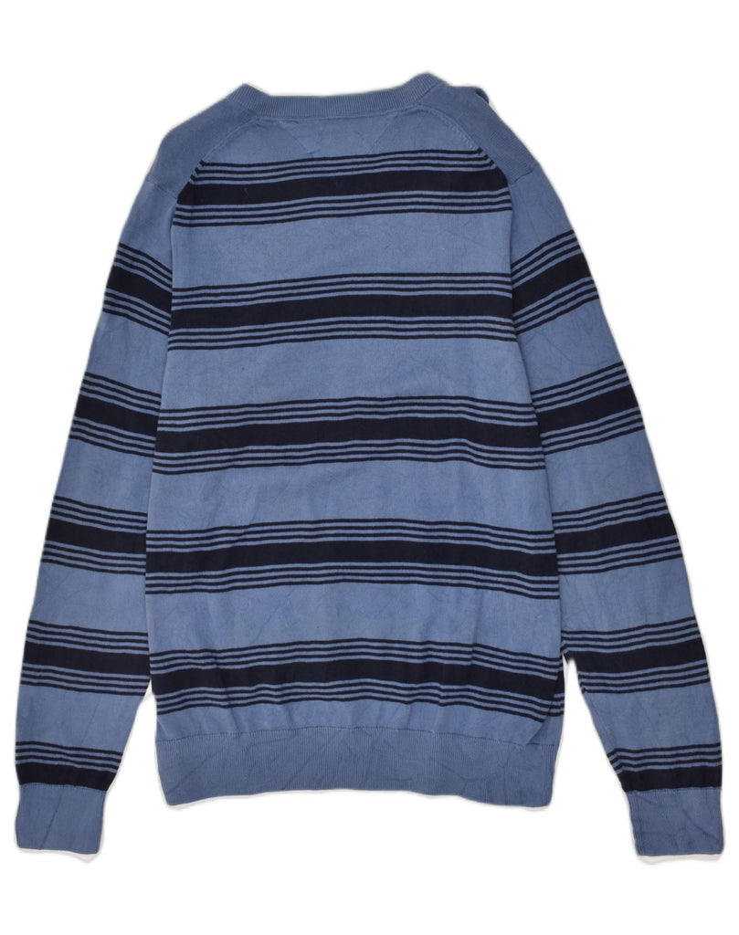 TOMMY HILFIGER Mens V-Neck Jumper Sweater Medium Blue Striped Cotton | Vintage Tommy Hilfiger | Thrift | Second-Hand Tommy Hilfiger | Used Clothing | Messina Hembry 