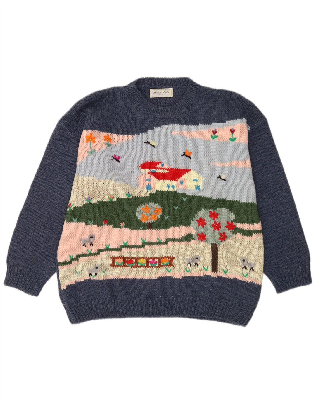 Vintage Mens Graphic Crew Neck Jumper Sweater Large Navy Blue Wool