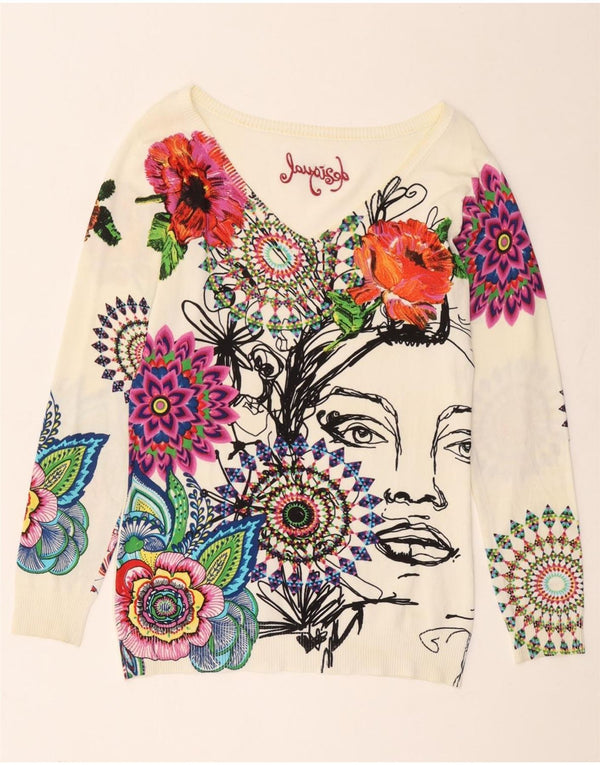 Desigual Womens Graphic V-Neck Jumper Sweater UK 14 Large White Floral