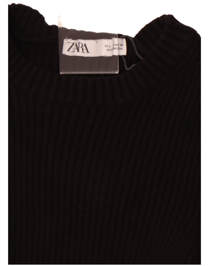 ZARA Womens Crop 3/4 Sleeve Boat Neck Jumper Sweater UK 14 Large Black