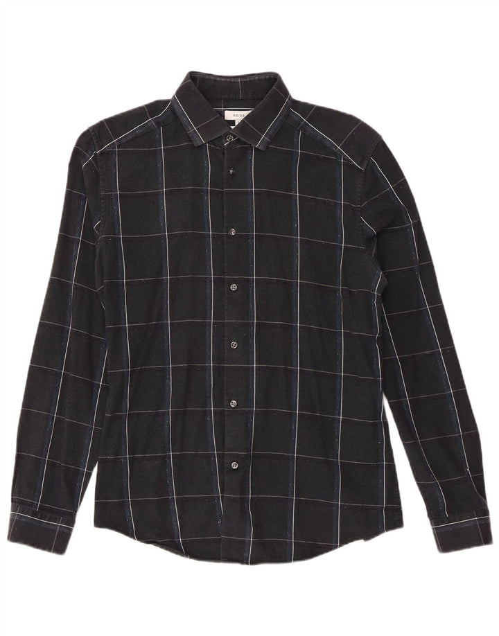 Reiss Mens Slim Fit Flannel Shirt Large Navy Blue Check Cotton